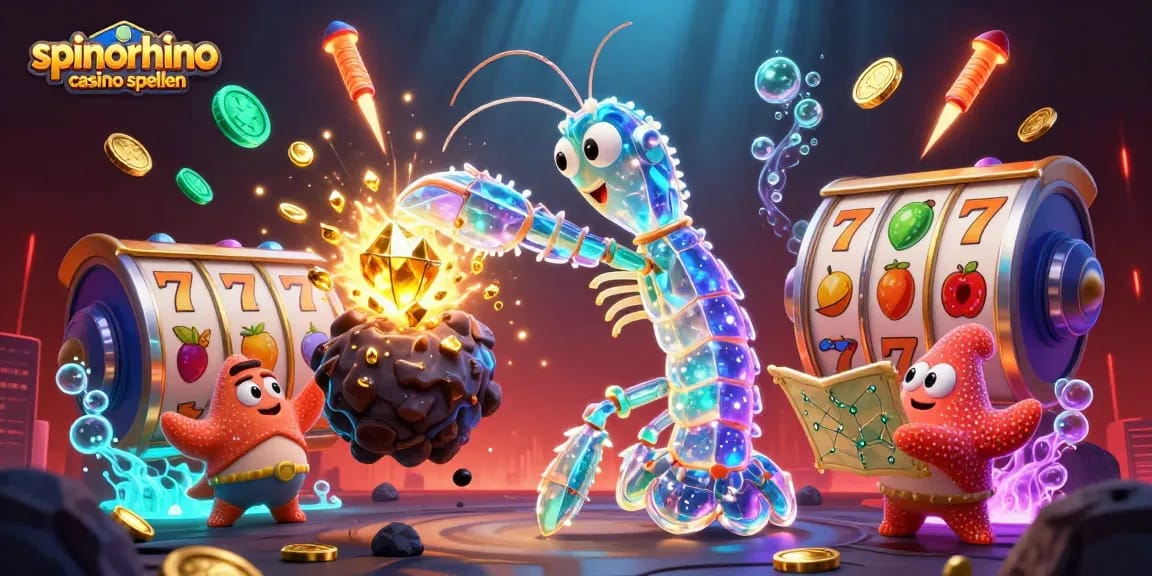 Speel spinorhino casino spellen met een galactische krijger in actie, omringd door gokkasten.