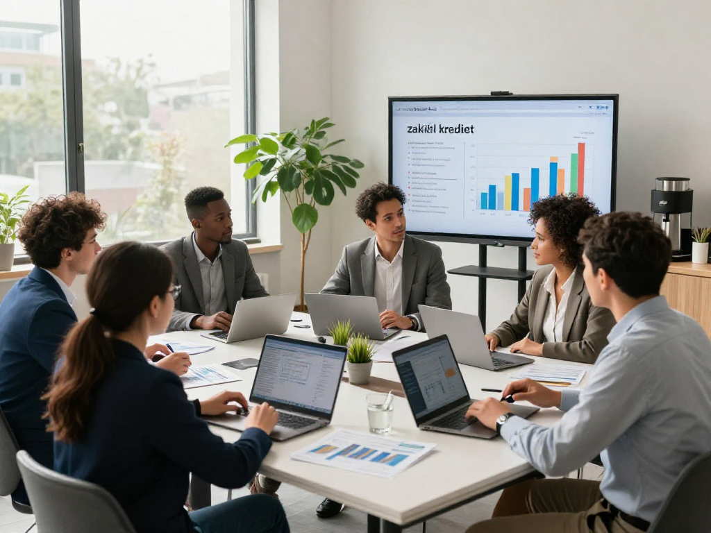 Professionals in een moderne kantooromgeving bespreken zakelijk krediet opties en financiële oplossingen aan een grote tafel.