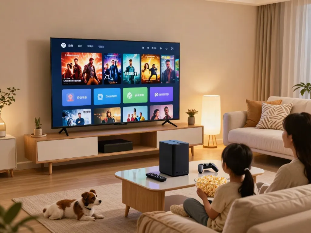 Family enjoying Pikashow alternatives on a smart TV in a cozy living room