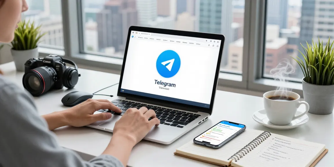 Accessing Telegram Web Version on a modern laptop in a stylish workspace, showcasing productivity and tech dynamics.