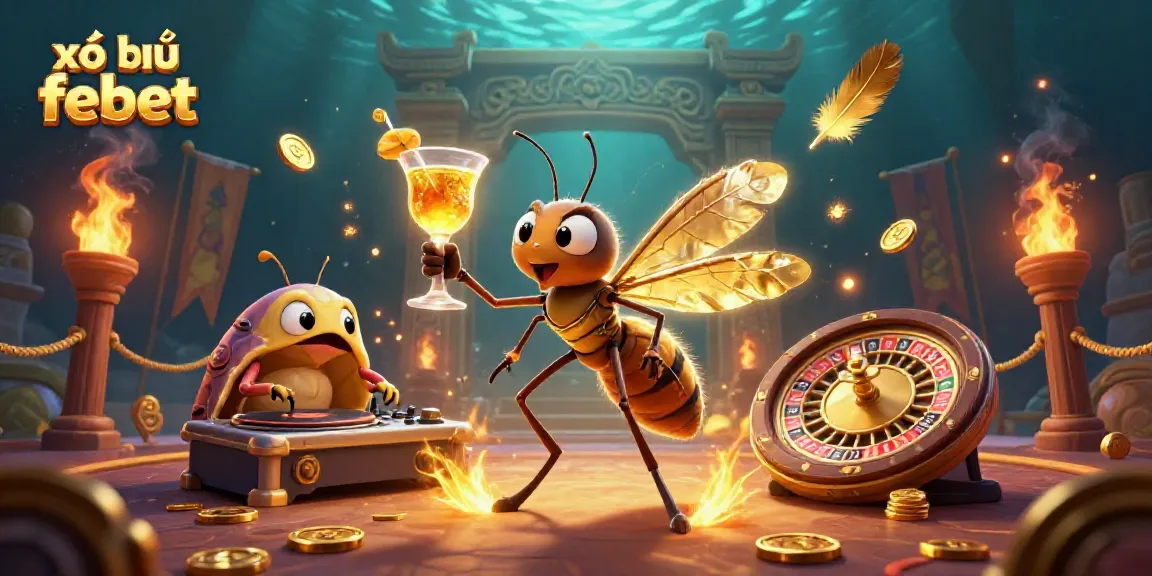 Engage in xổ số febet with thrilling golden elements and dynamic casino characters in a captivating scene.