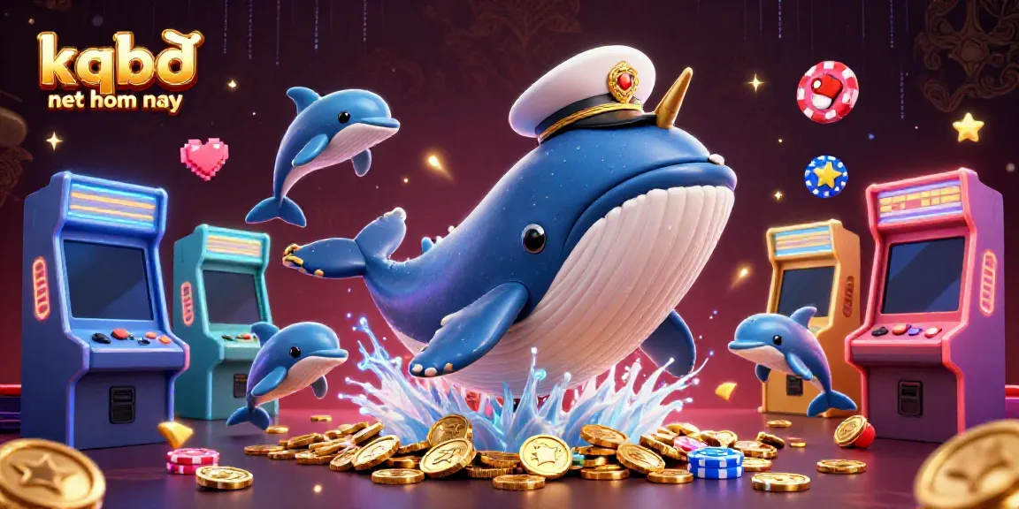 Experience the excitement of kqbđ net hom nay with a playful scene of a giant whale and dolphins among coins and arcade games.