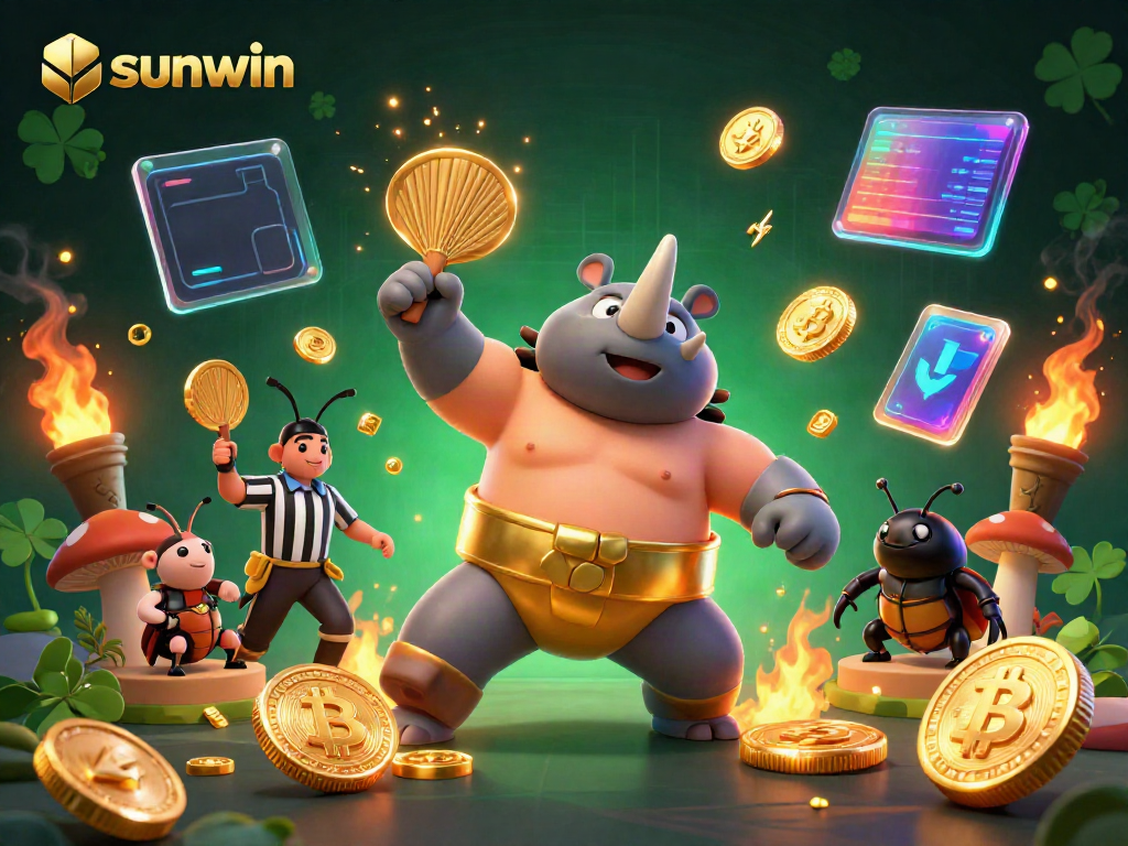 Experience thrilling gameplay with sunwin as a rhinoceros beetle champion takes center stage amidst flying gold coins.
