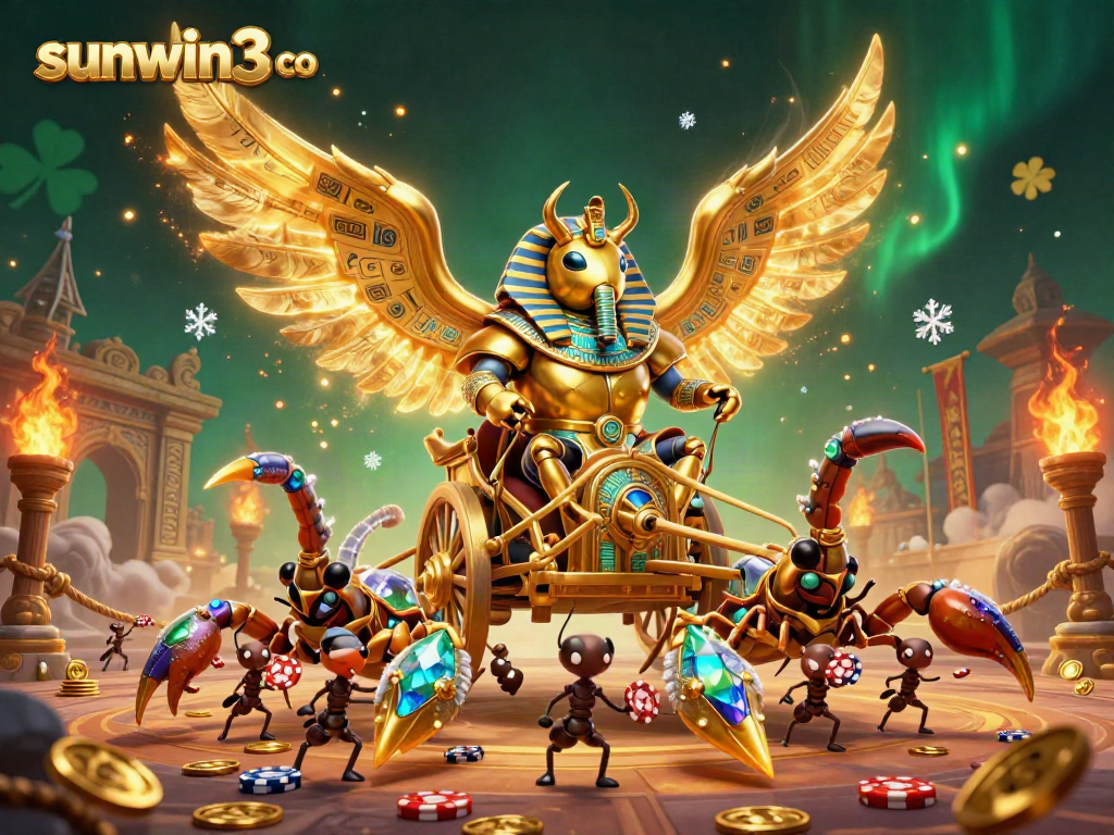 Engage with the dynamic scene of sunwin3 co featuring a golden scarab beetle in a casino battle setting.