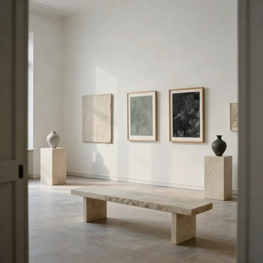Tentoonstellingszaal met vijf hedendaagse werken, sokkels en een natuurstenen bank in warm licht.