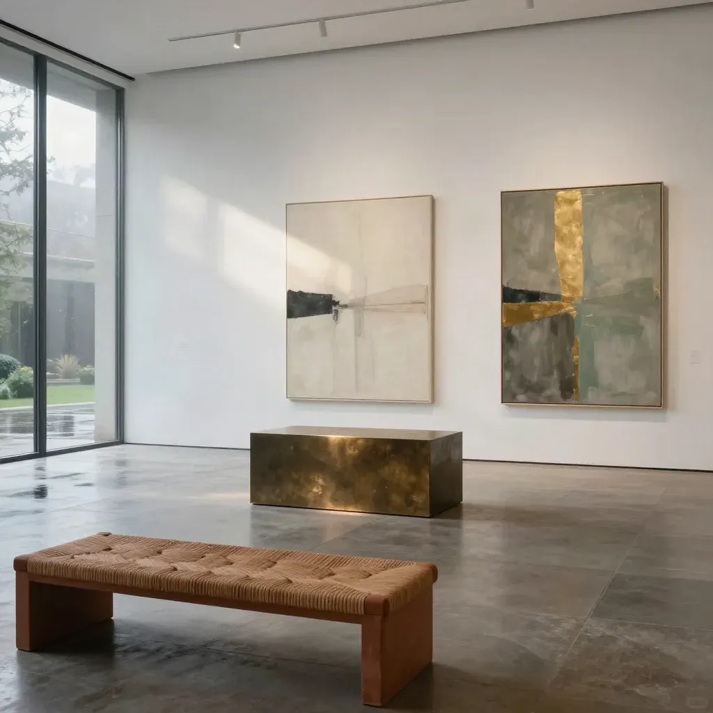 Hoge galerieruimte met abstracte doeken, bronzen sokkel en zicht op nat binnenplein.