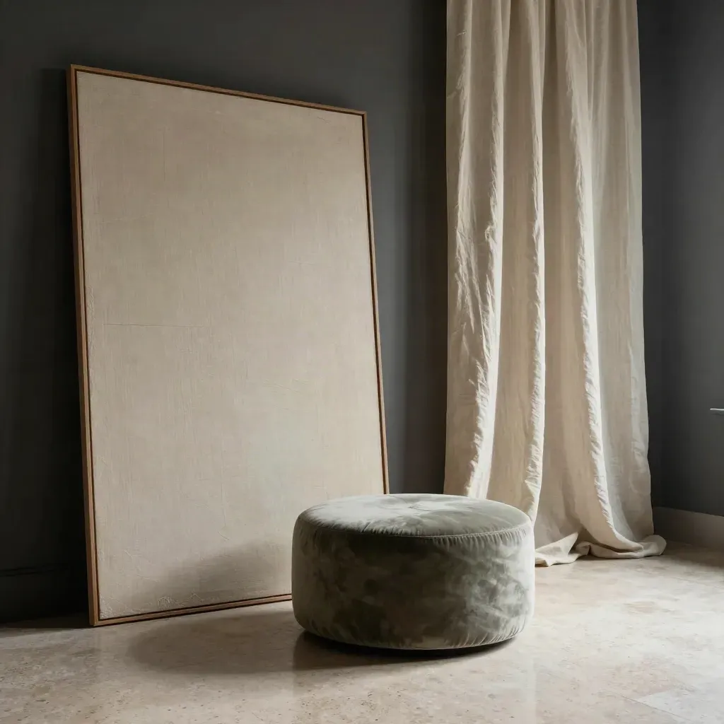 Stille galeriehoek met doek, poef en halfopen gordijn in warm tegenlicht.