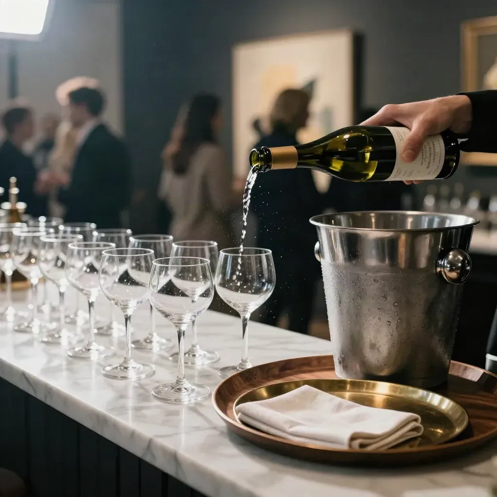 Marmeren bar met coupeglazen, condenskoeler en licht op kunst tijdens een opening.