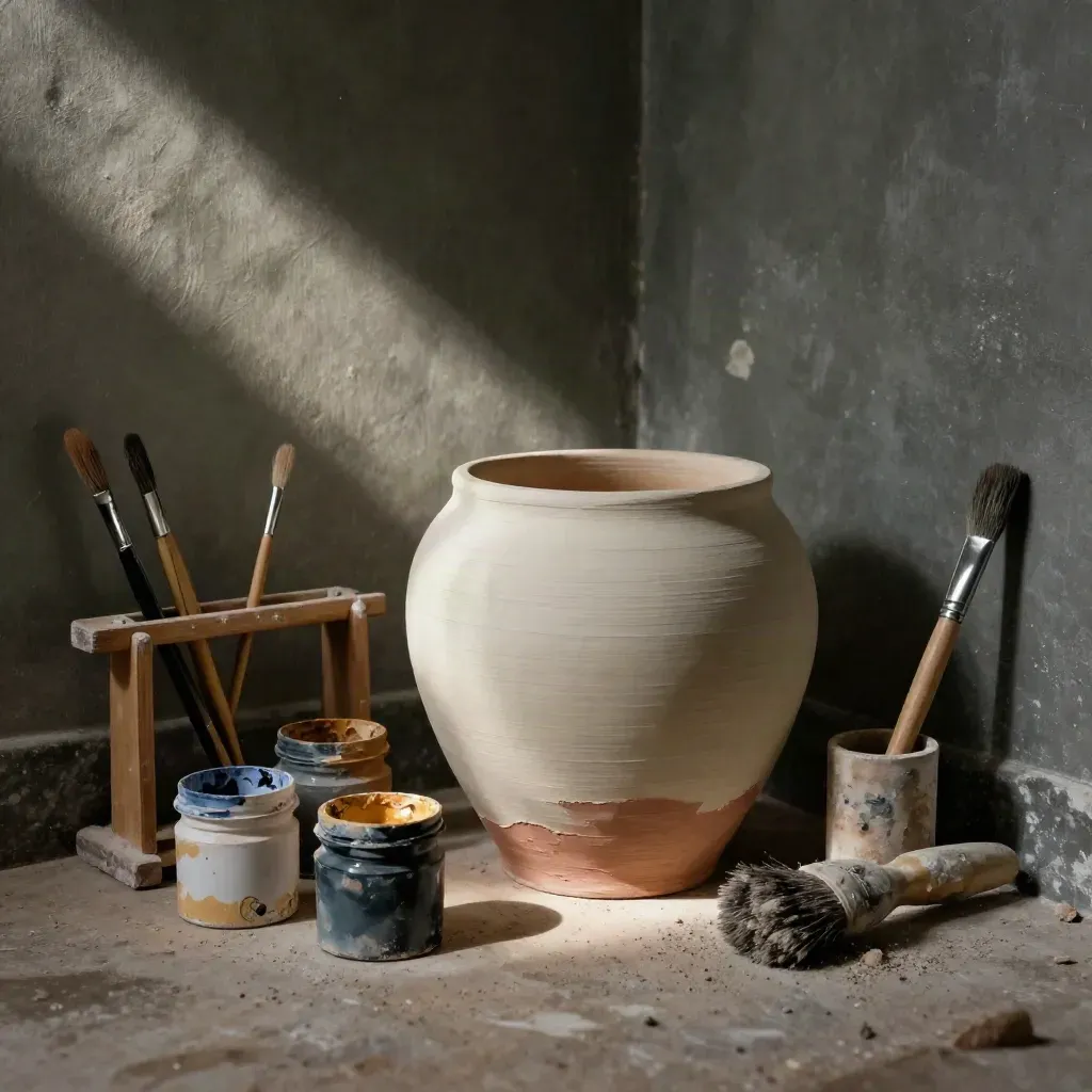 Atelierhoek met keramische sculptuur, pigmentpotten en penseelhouder in warm licht.