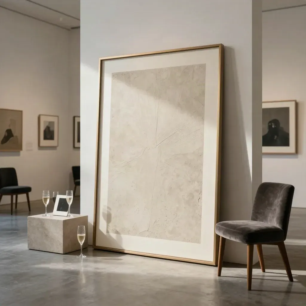 Lege galerie na opening met werken aan de wand en halflege glazen