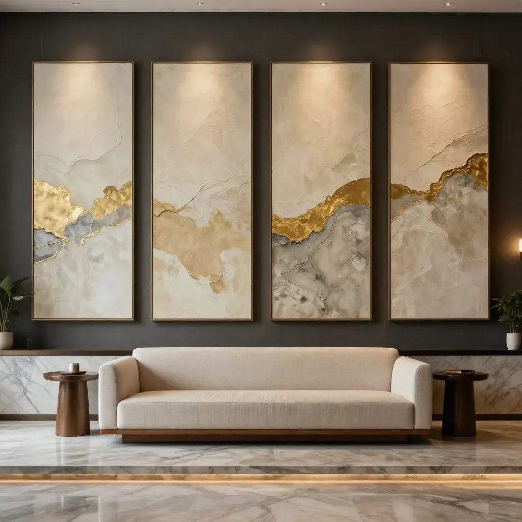 Donkere hotellobby met vier grote doeken, marmeren balie en rustige bank in zachte bekleding.