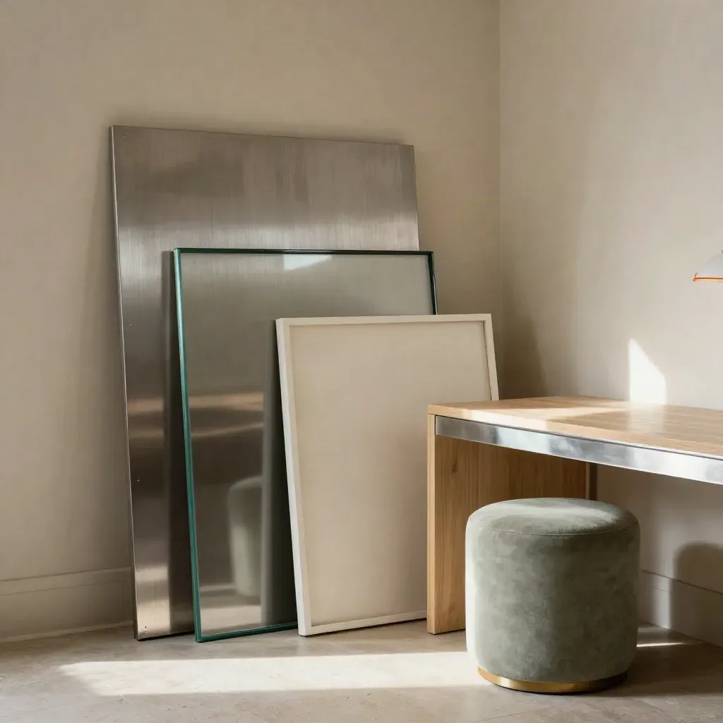 Ontwerpstudio met stalen, glazen en witte werken tegen een rustige wand in zacht middaglicht