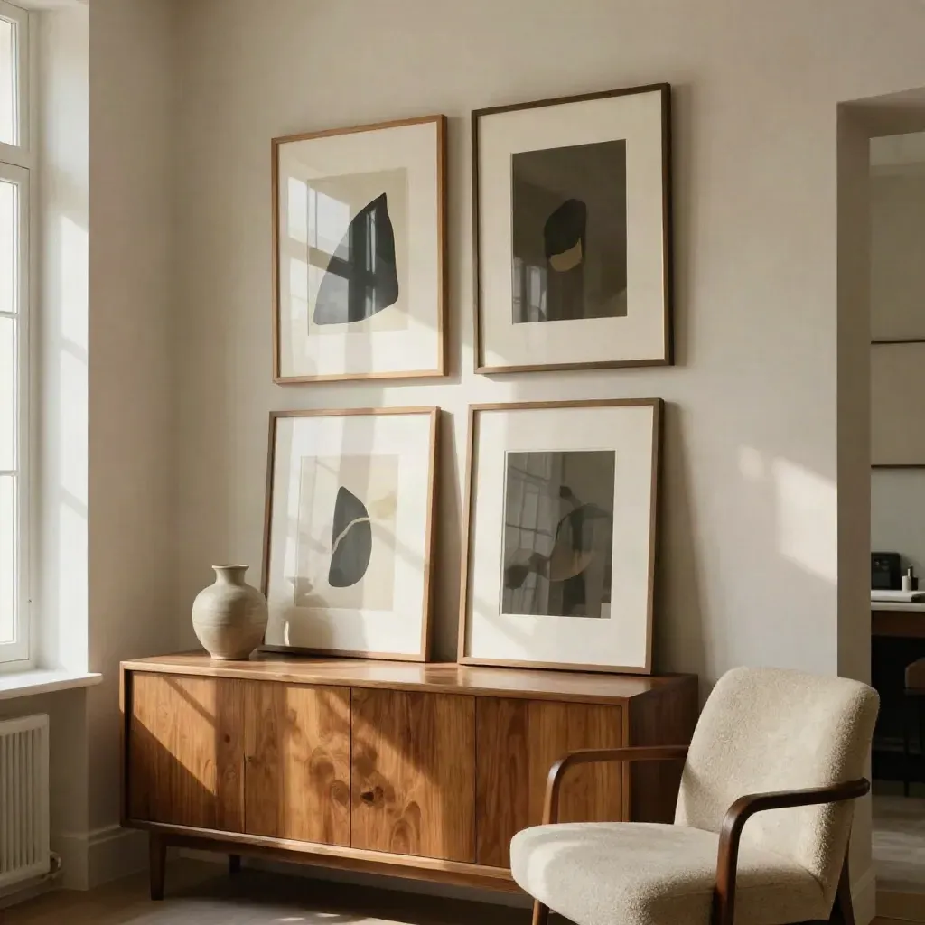 Zachte salonhoek in een galerie met vijf werken boven een houten kast en een zachte stoel.
