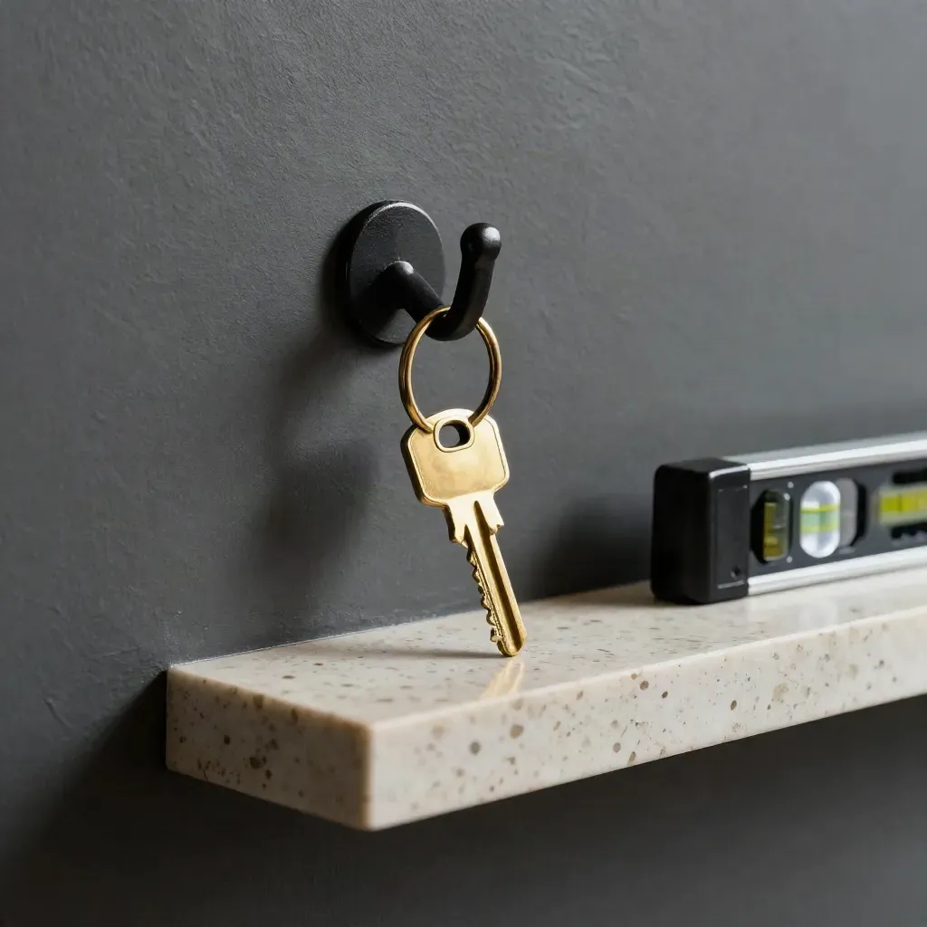 Brass sleutelring, wandhaak, waterpas en afstandshouder op travertin in dramatisch licht.