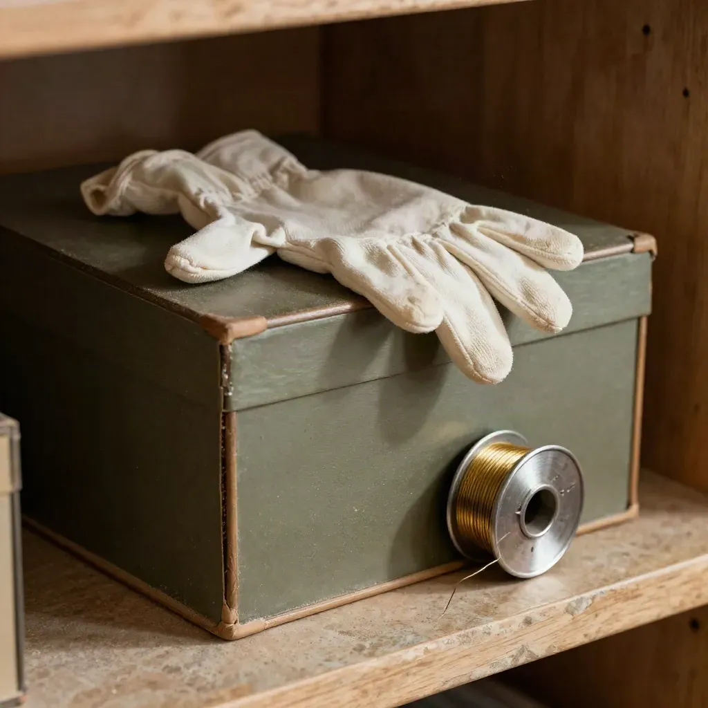 Archiefdoos, katoenen handschoenen en ophangdraad in een stille galerijnis.