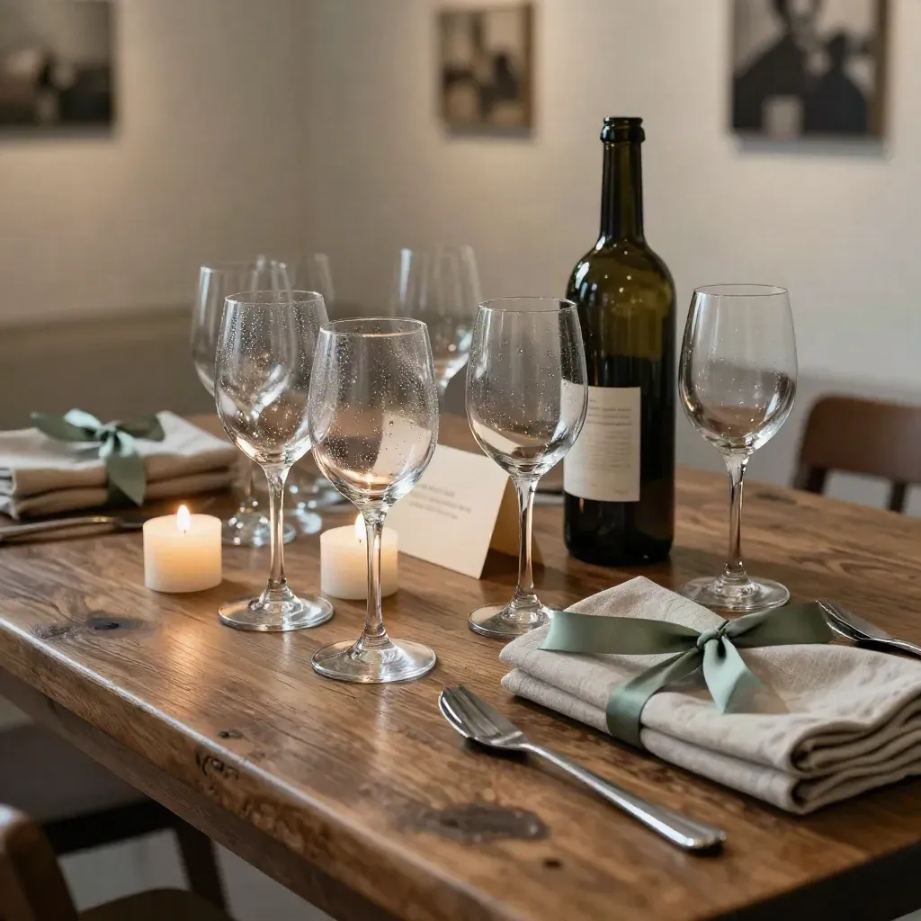 Stille openingstafel met glazen, fles, linnen servetten en kaarsen in warm avondlicht.