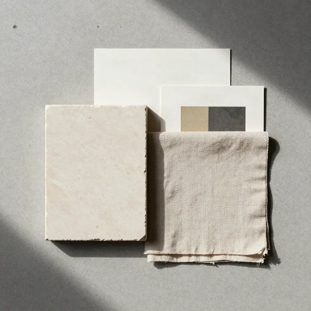 Bovenaanzicht van steenstaal, linnen en kunstfragment op concrete slab met zachte lichtschaduw.