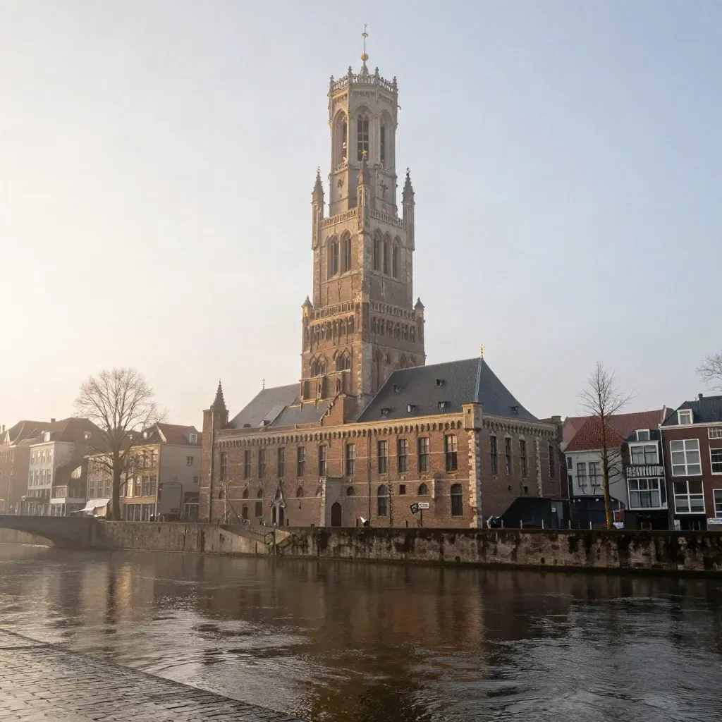De Domtoren boven mistige Utrechtse grachten na regen, met rustige waterzone onderin.