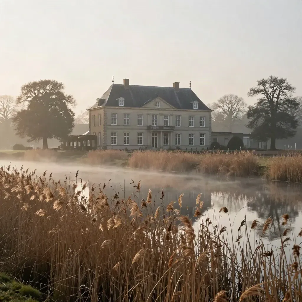 Staatlijk buitenhuis aan water met riet, mist en zonsopkomst in een stille polder.