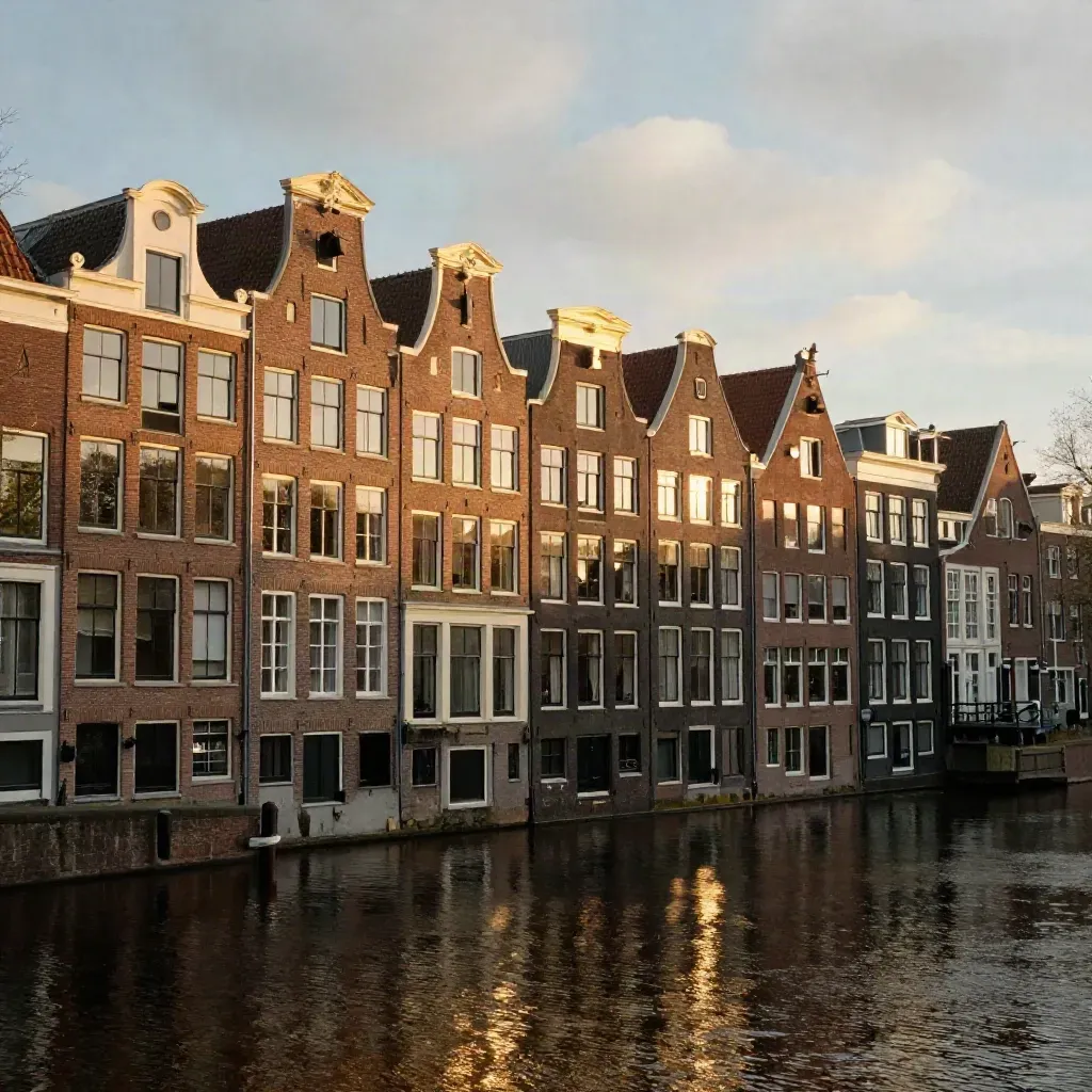 Grachtenpanden in Amsterdam bij gouden uur, met spiegeling in stil water en zachte avondnevel.