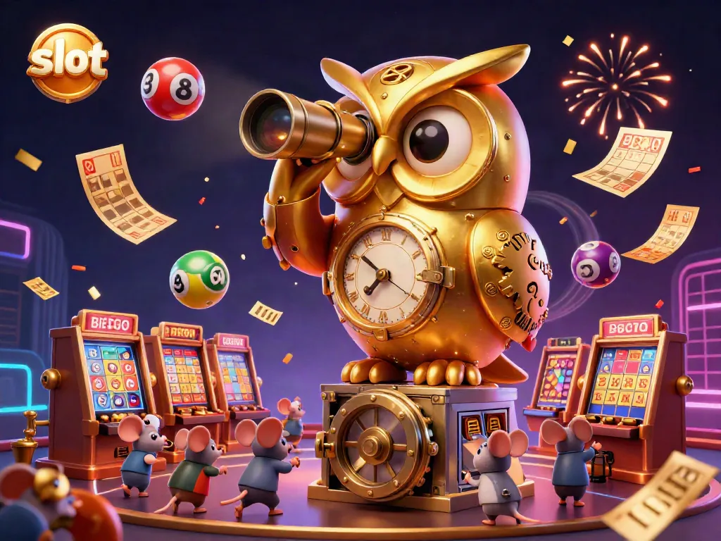 Experience the excitement of slot gameplay with a golden owl overseeing players amidst dynamic casino elements.