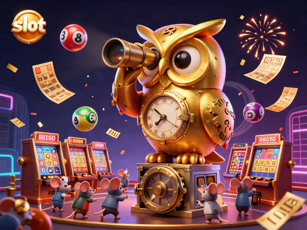 Experience the excitement of slot gameplay with a golden owl overseeing players amidst dynamic casino elements.