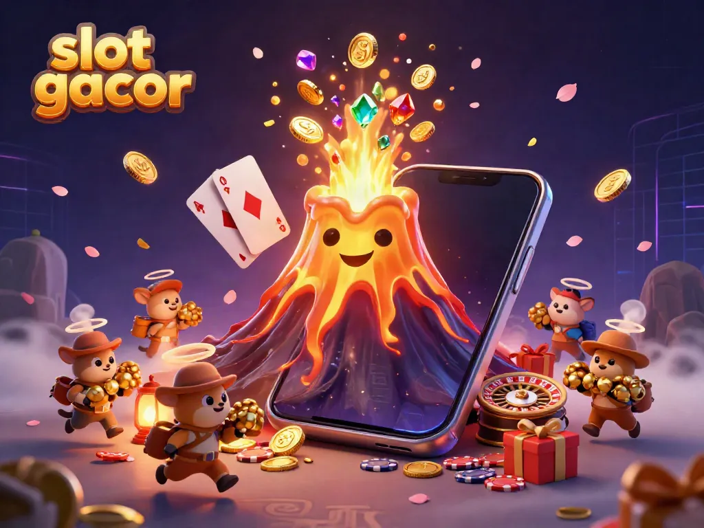 Experience the thrill of slot gacor with vibrant gold coins, a triumphant volcano, and exciting gaming elements.