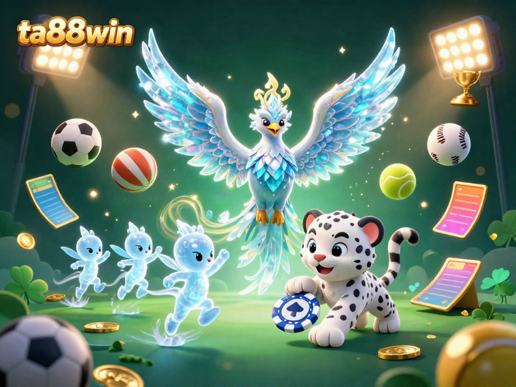 Experience engaging gameplay at ta88win with a vibrant 3D cartoon scene featuring a phoenix, leopard cub, and casino elements.