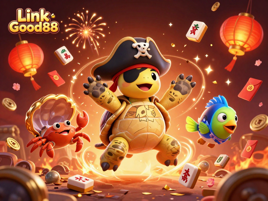 Experience the excitement with Link Good88, as a pirate turtle and friends celebrate with treasure and games.