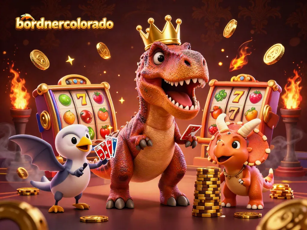 Engage with bordnercolorado's vibrant casino scene featuring T-Rex and friends enjoying thrilling slot games