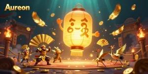 Aureon casino features a lively scene with glowing lantern spirit, paper fan warriors, and gold tokens.