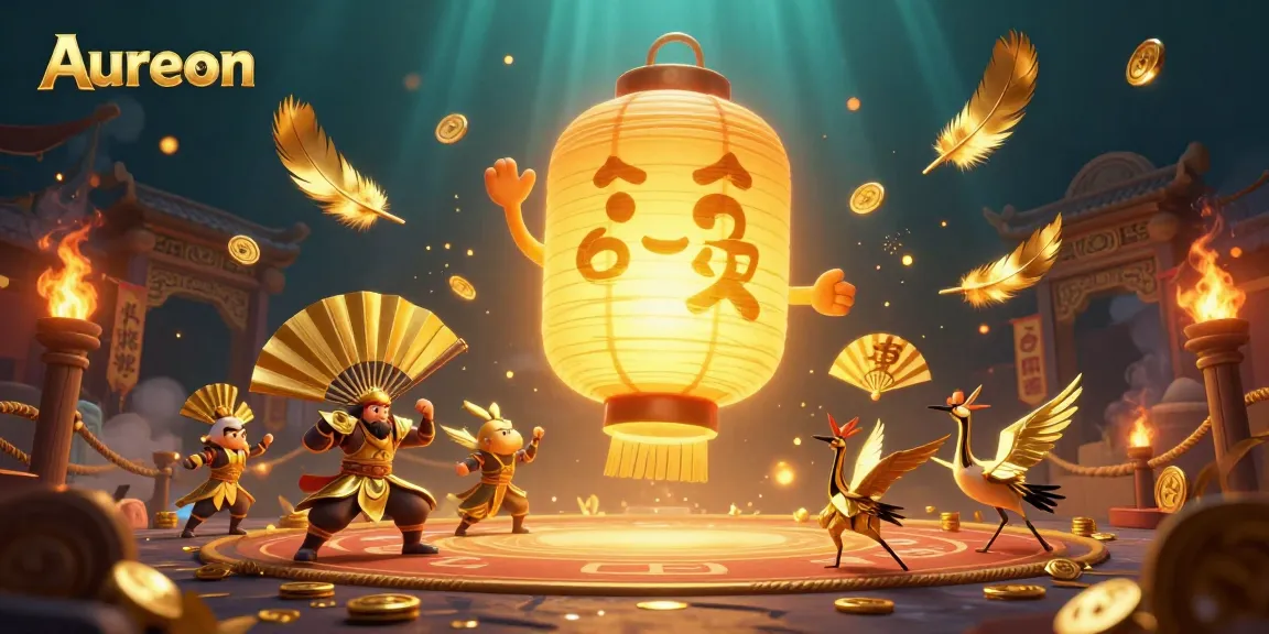 Aureon casino features a lively scene with glowing lantern spirit, paper fan warriors, and gold tokens.