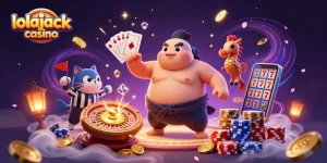 Experience the excitement at lolajack casino with a vibrant underwater scene featuring a fugu, wise catfish referee, and game elements.