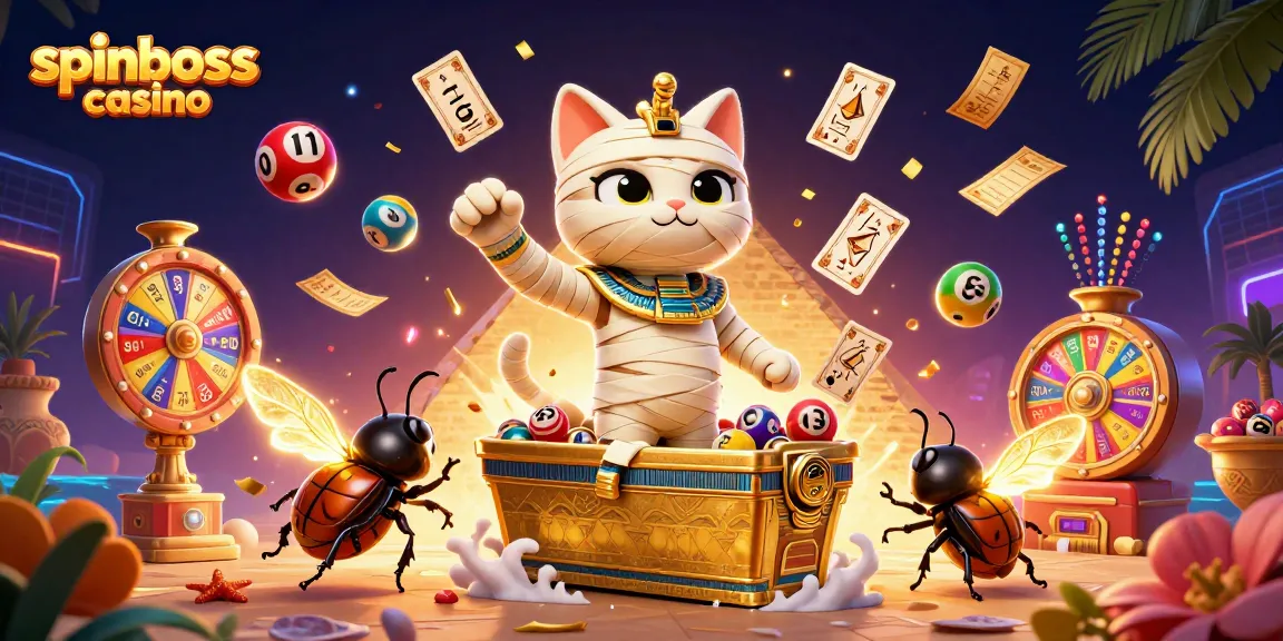 Spinboss Casino illustration featuring a mummy cat and scarab in a vibrant casino scene.