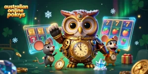 Spin exciting australian online pokies with vibrant characters in a lively casino atmosphere.